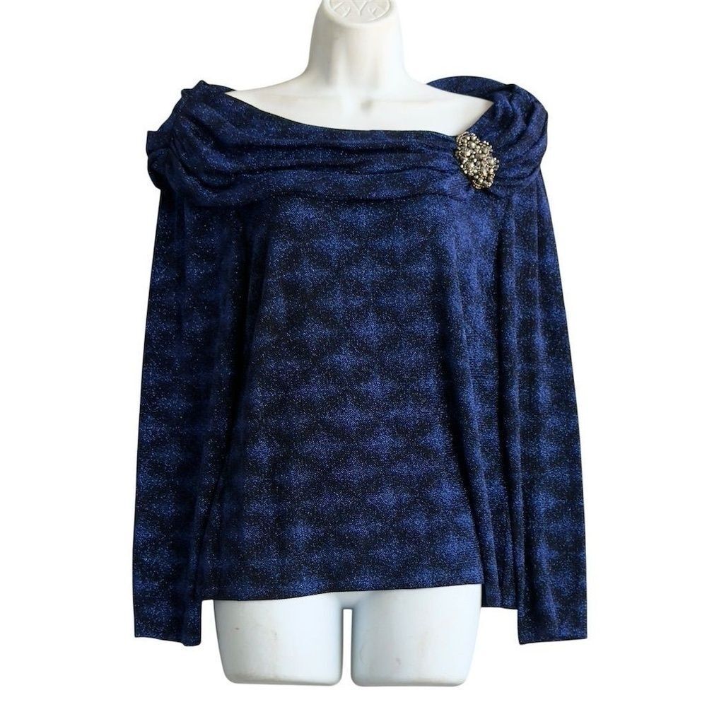 Alex Evenings Sparkling Glam Evening Top Women's L Cowl Neck Blue Beaded Brooch